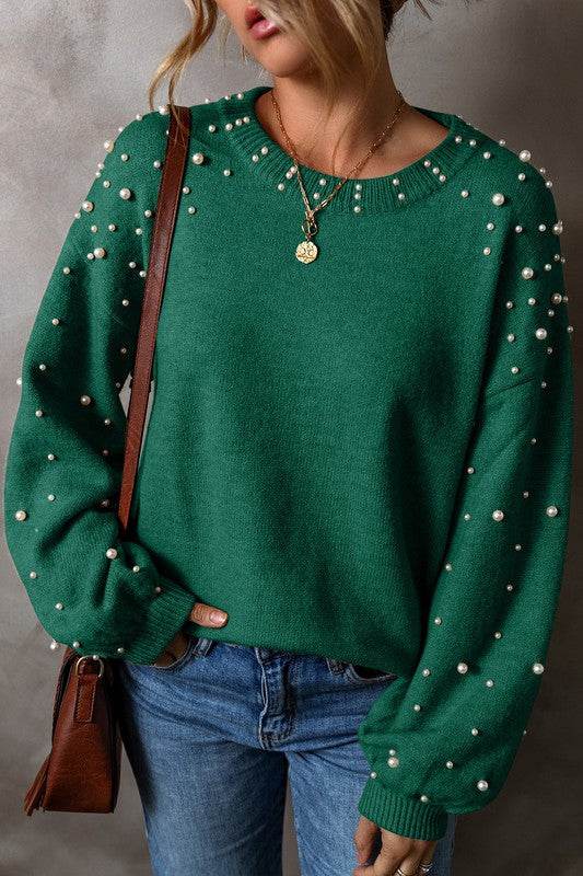 Shewin Pearl Drop Shoulder Round Neck Sweater - Rosa Apparel