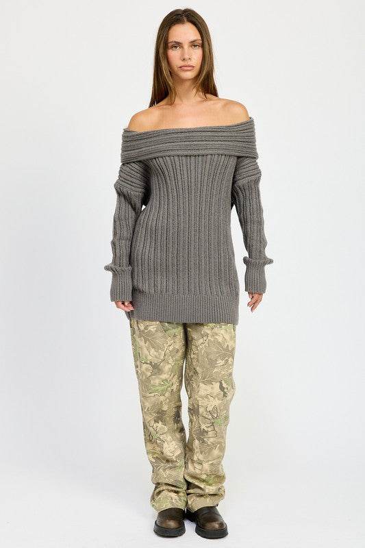 Emory Park Oversized Off Shoulder Long Sleeves Knit Sweater - Rosa Apparel