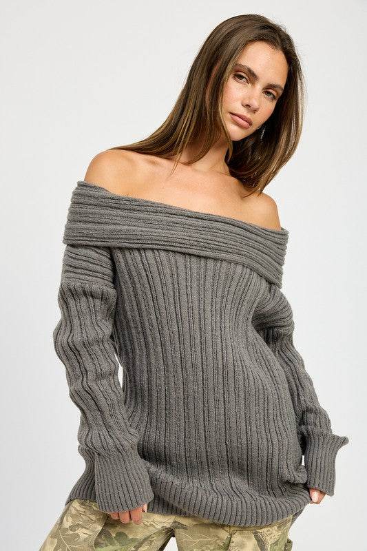 Emory Park Oversized Off Shoulder Long Sleeves Knit Sweater - Rosa Apparel