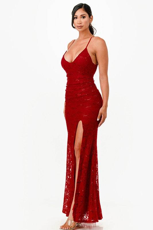 La Scala Open Back Lace With Sequence Mermaid Dress 26052 - Rosa Apparel