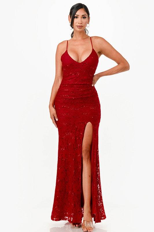 La Scala Open Back Lace With Sequence Mermaid Dress 26052 - Rosa Apparel