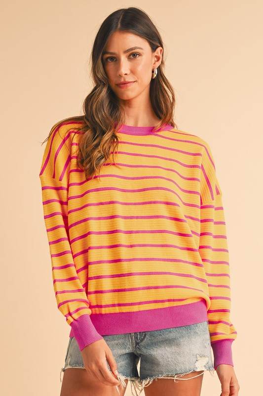 Shewin Stripe Round Neck Drop Shoulder Loose Sweater - Rosa Apparel