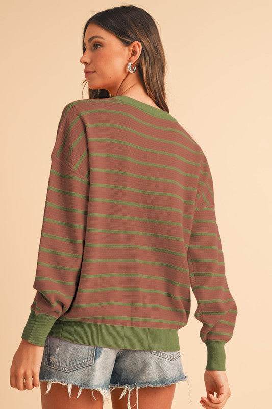 Shewin Stripe Round Neck Drop Shoulder Loose Sweater - Rosa Apparel