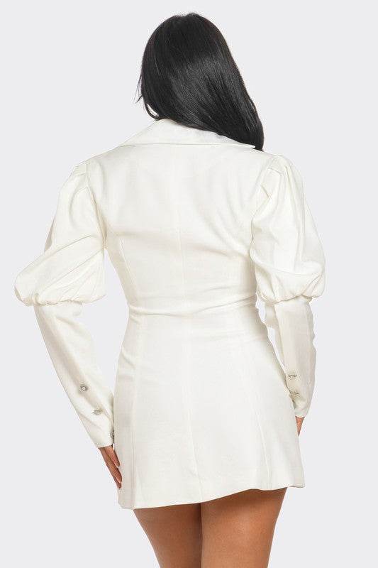 Athina Ivory Puff Sleeve Blazer Deep V-Neck Mini Dress - Rosa Apparel