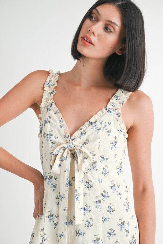 Emory Park V-Neck Ruffle Bow Tie Mini Dress - Rosa Apparel