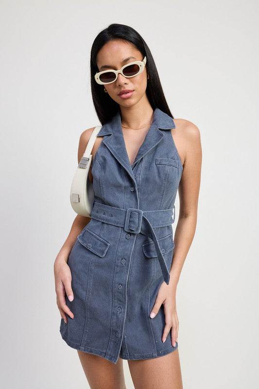 Emory Park Mini Halter Collared Sleeveless Mini Dress - Rosa Apparel