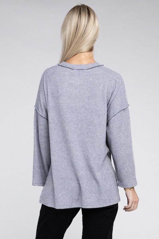 Zenana Ribbed Brushed Melange Hacci Henley Sweater - Rosa Apparel