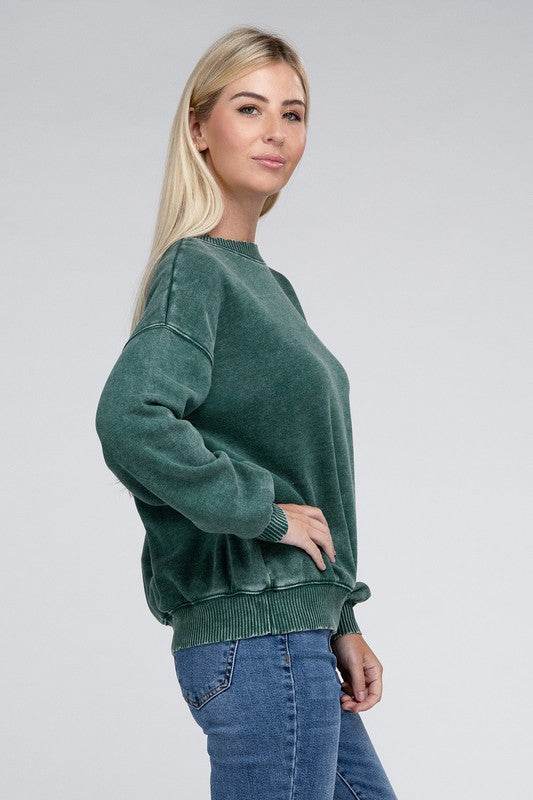 Zenana Acid Wash Fleece Oversized Round Neck Long Sleeves Pullover - Rosa Apparel