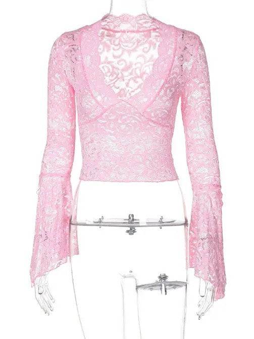 Miss Sparkling V-Neck Floral Lace Tops Bell Long Sleeve - Rosa Apparel
