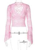 Miss Sparkling V-Neck Floral Lace Tops Bell Long Sleeve - Rosa Apparel