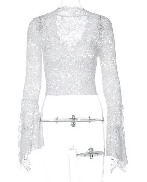 Miss Sparkling V-Neck Floral Lace Tops Bell Long Sleeve - Rosa Apparel
