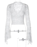 Miss Sparkling V-Neck Floral Lace Tops Bell Long Sleeve - Rosa Apparel
