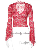 Miss Sparkling V-Neck Floral Lace Tops Bell Long Sleeve - Rosa Apparel