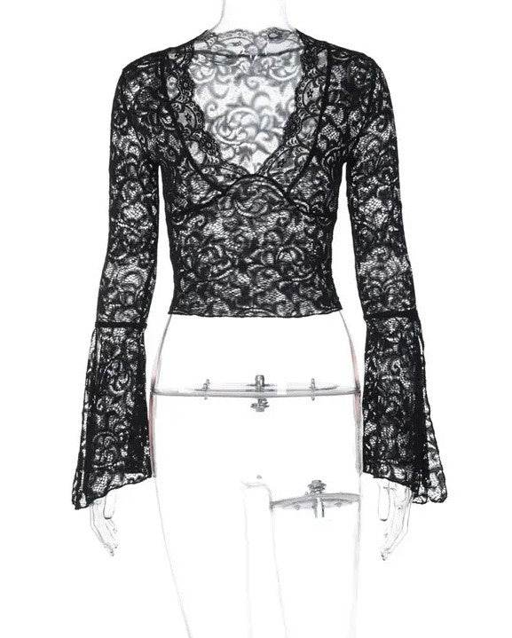 Miss Sparkling V-Neck Floral Lace Tops Bell Long Sleeve - Rosa Apparel