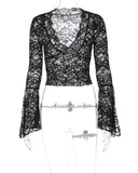 Miss Sparkling V-Neck Floral Lace Tops Bell Long Sleeve - Rosa Apparel