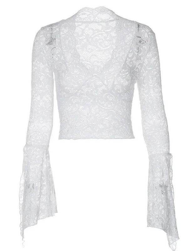 Miss Sparkling V-Neck Floral Lace Tops Bell Long Sleeve - Rosa Apparel