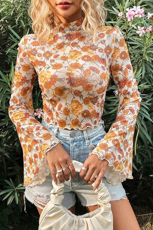 Floral Bell Sleeve Mock Neck Scallop Trim Blouse - Rosa Apparel