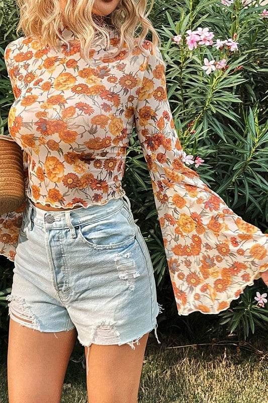 Floral Bell Sleeve Mock Neck Scallop Trim Blouse - Rosa Apparel