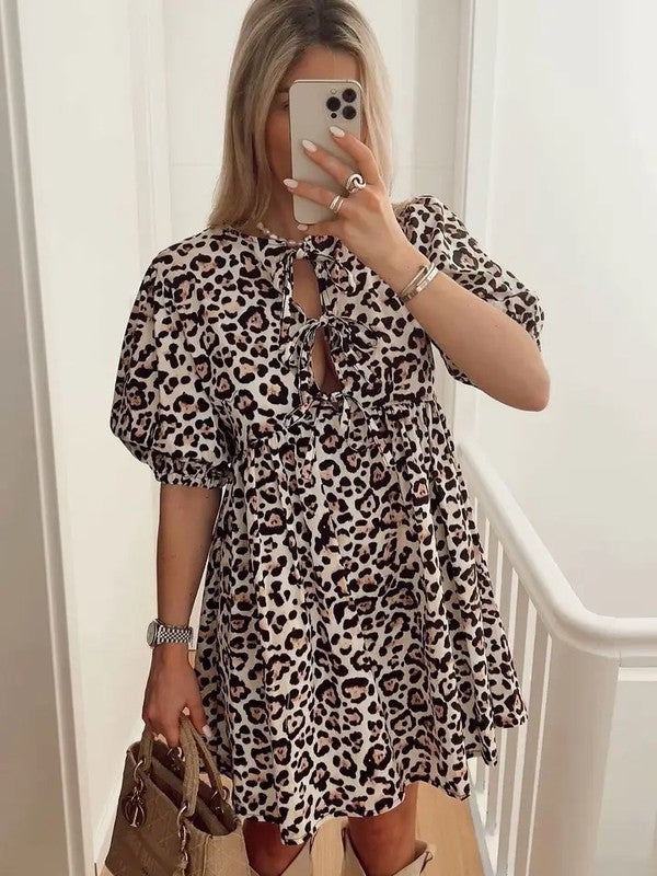 Miss Sparkling Animal Print Tie Front Babydoll Dress