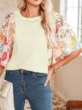 Cotton Beige Floral Patchwork Angel Sleeve Blouse - Rosa Apparel