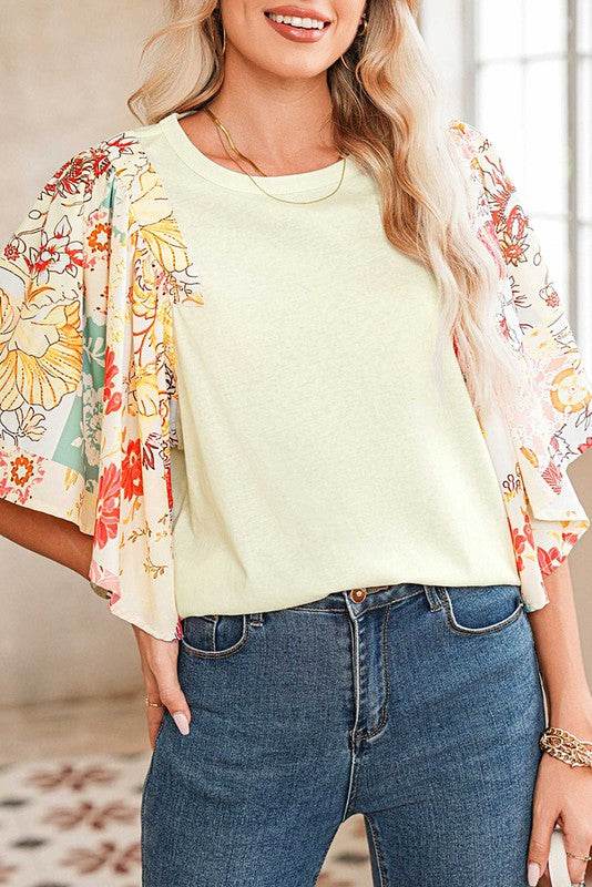 Cotton Beige Floral Patchwork Angel Sleeve Blouse - Rosa Apparel