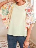 Cotton Beige Floral Patchwork Angel Sleeve Blouse - Rosa Apparel