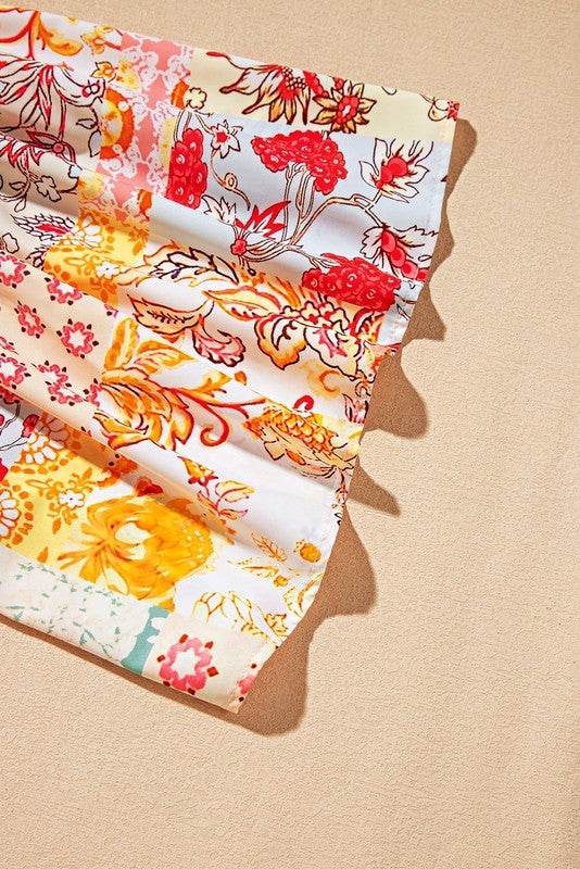 Cotton Beige Floral Patchwork Angel Sleeve Blouse - Rosa Apparel