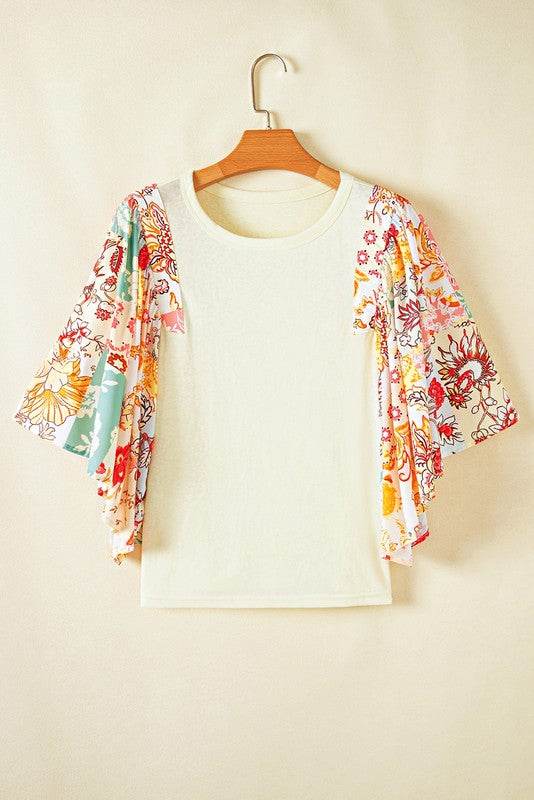 Cotton Beige Floral Patchwork Angel Sleeve Blouse - Rosa Apparel