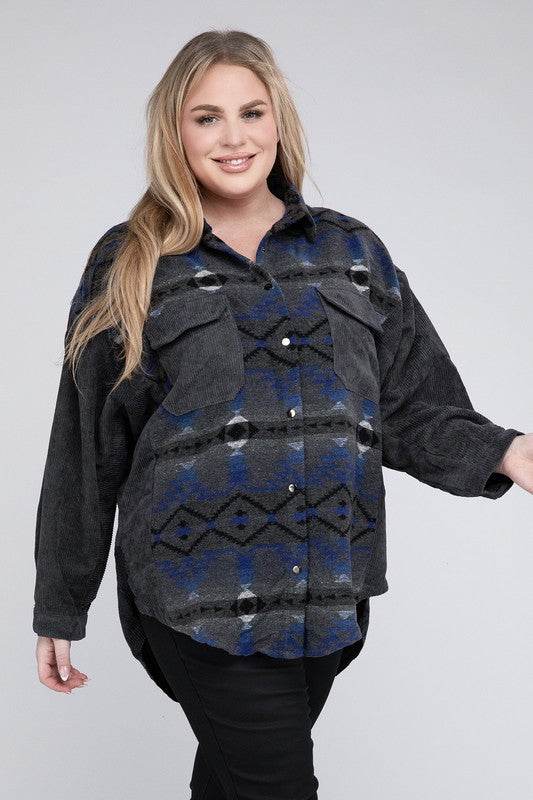 Davi & Dani Plus Printed Button Down Long Sleeve Jacket - Rosa Apparel