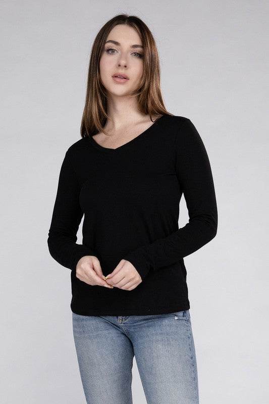 Zenana Cotton V-Neck Long Sleeve T-Shirt - Rosa Apparel