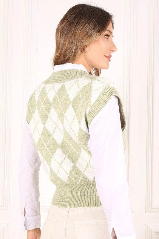 Lilou Knitted Argyle V-Neck Sleeveless Stretch Sweater Vest - Rosa Apparel