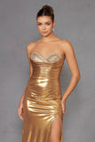 Juliet Elegant Beaded Metallic Strapless Slit Evening Gown JT2501A - Rosa Apparel