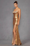 Juliet Elegant Beaded Metallic Strapless Slit Evening Gown JT2501A - Rosa Apparel