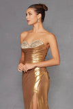 Juliet Elegant Beaded Metallic Strapless Slit Evening Gown JT2501A - Rosa Apparel