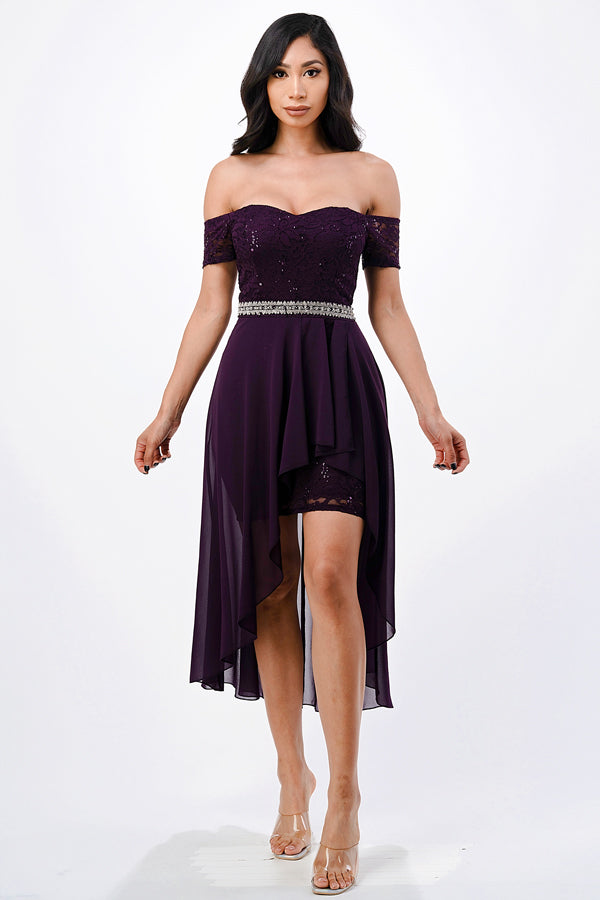 LA Scala Embellished Off-the-Shoulder High-Low Lace Chiffon Dress 25503