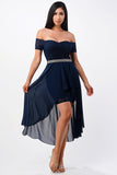 LA Scala Embellished Off-the-Shoulder High-Low Lace Chiffon Dress 25503