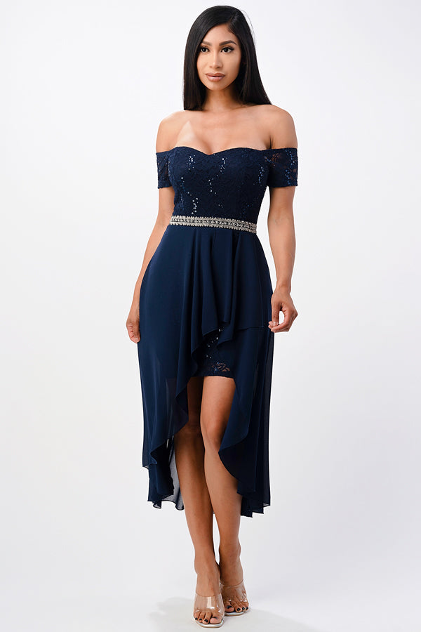 LA Scala Embellished Off-the-Shoulder High-Low Lace Chiffon Dress 25503