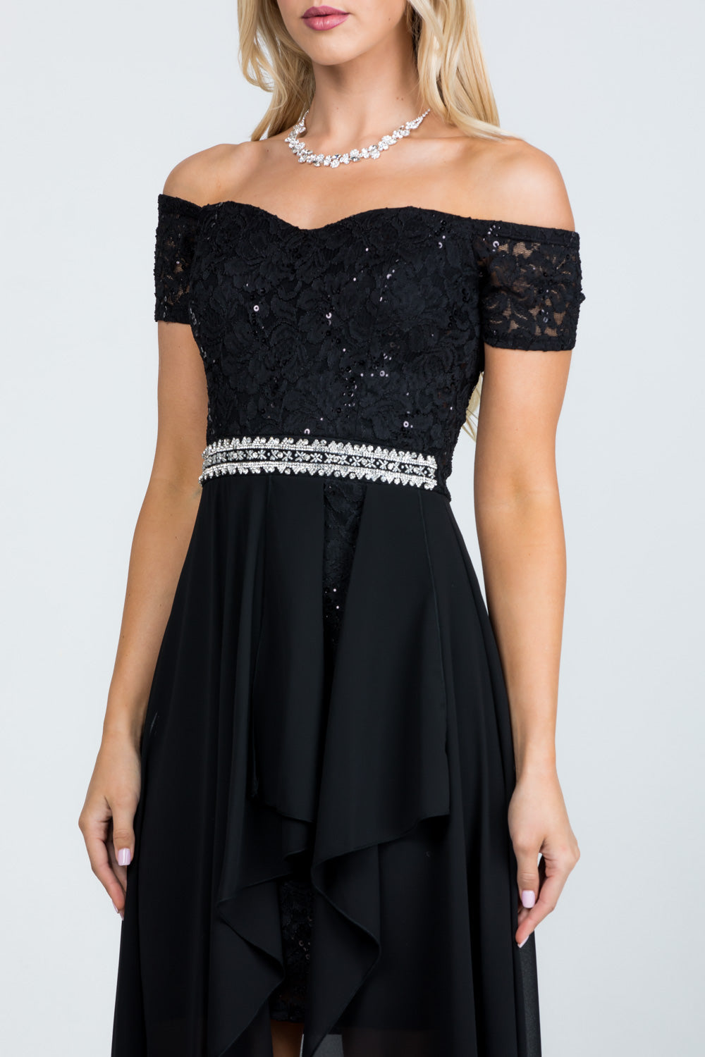 LA Scala Embellished Off-the-Shoulder High-Low Lace Chiffon Dress 25503