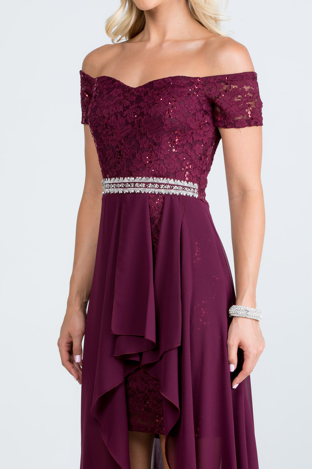 LA Scala Embellished Off-the-Shoulder High-Low Lace Chiffon Dress 25503