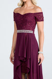 LA Scala Embellished Off-the-Shoulder High-Low Lace Chiffon Dress 25503