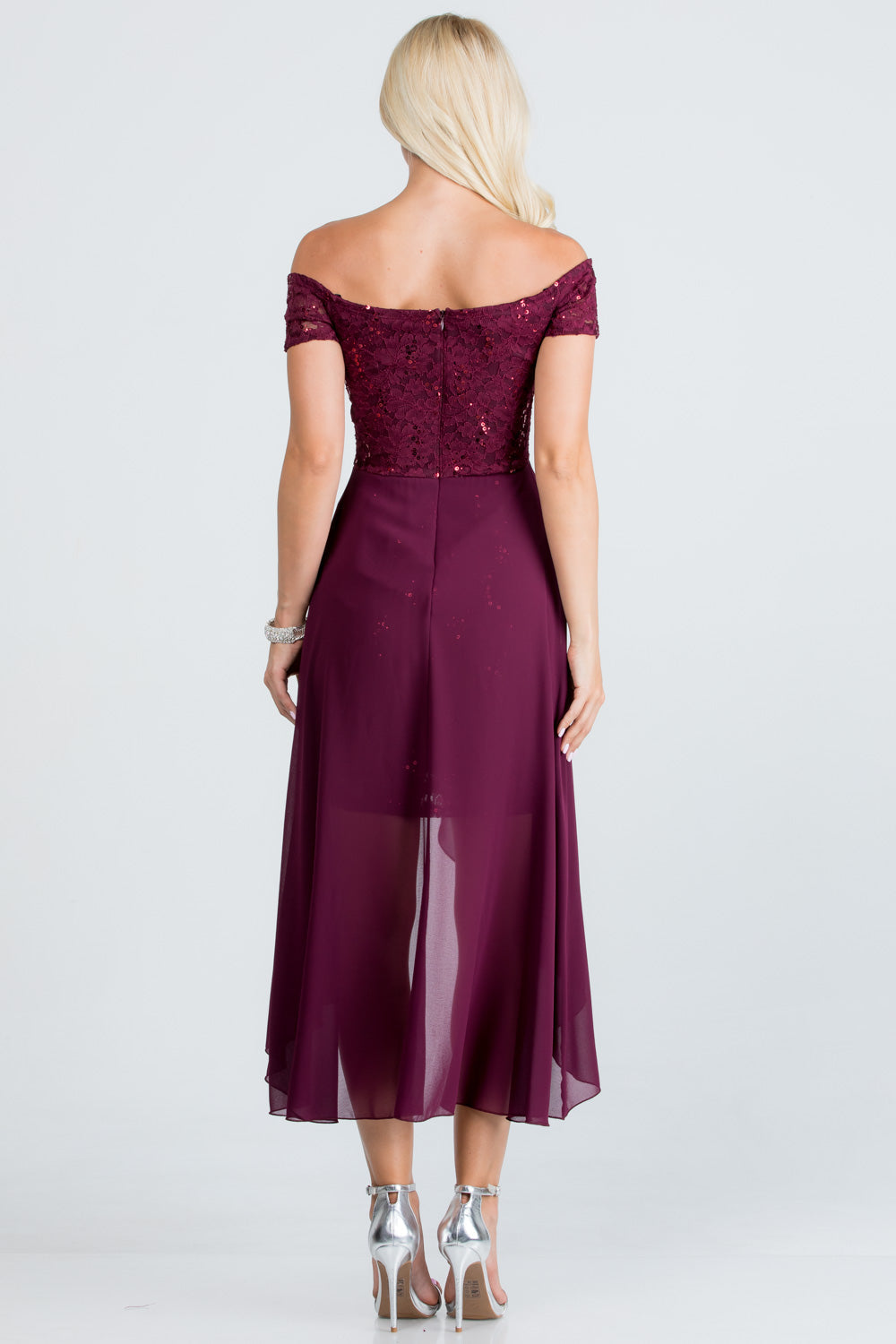 LA Scala Embellished Off-the-Shoulder High-Low Lace Chiffon Dress 25503