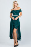LA Scala Embellished Off-the-Shoulder High-Low Lace Chiffon Dress 25503