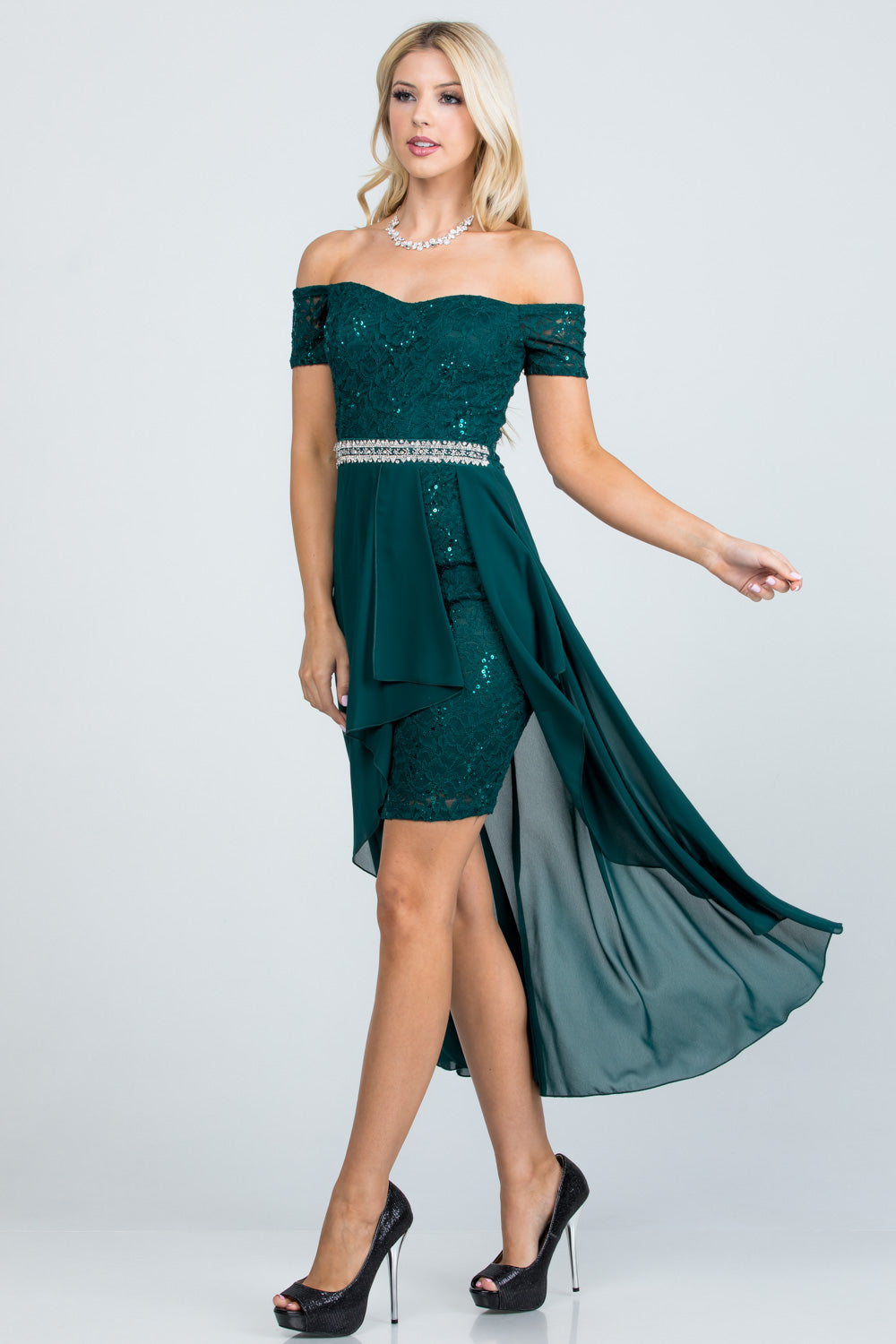 LA Scala Embellished Off-the-Shoulder High-Low Lace Chiffon Dress 25503