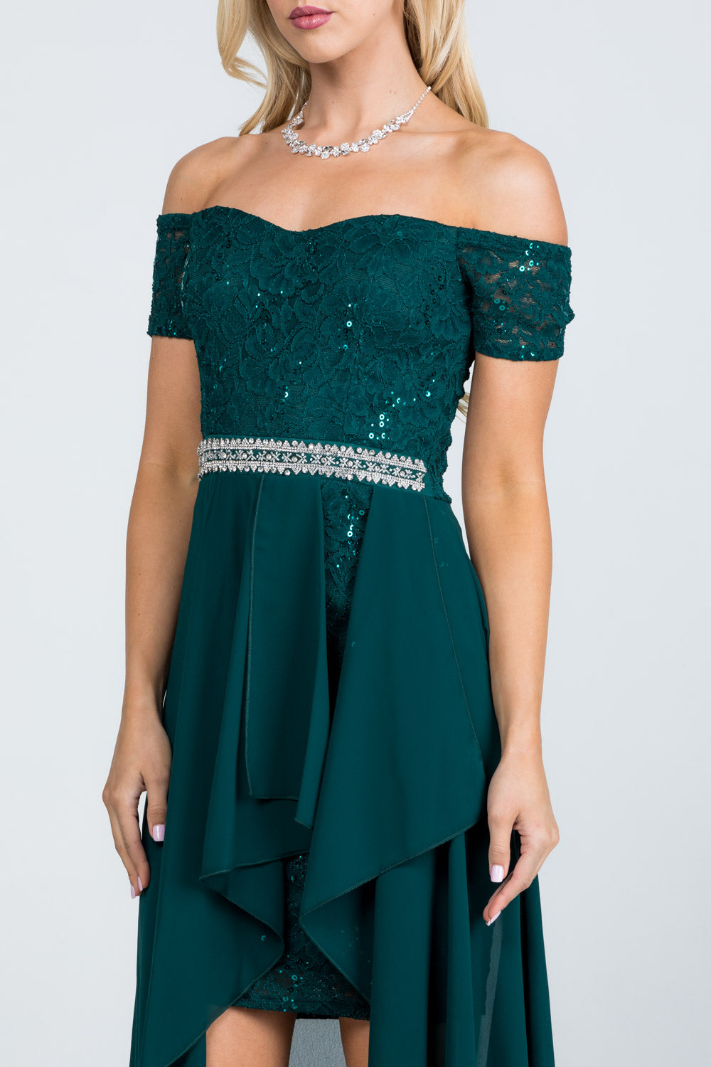 LA Scala Embellished Off-the-Shoulder High-Low Lace Chiffon Dress 25503