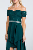 LA Scala Embellished Off-the-Shoulder High-Low Lace Chiffon Dress 25503