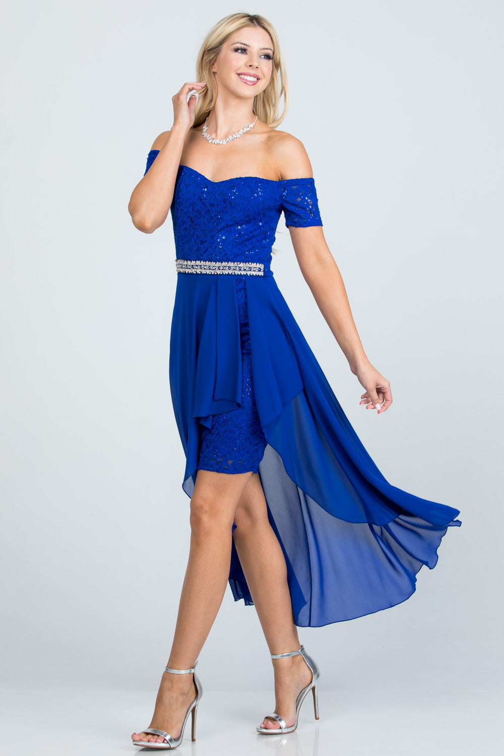 LA Scala Embellished Off-the-Shoulder High-Low Lace Chiffon Dress 25503