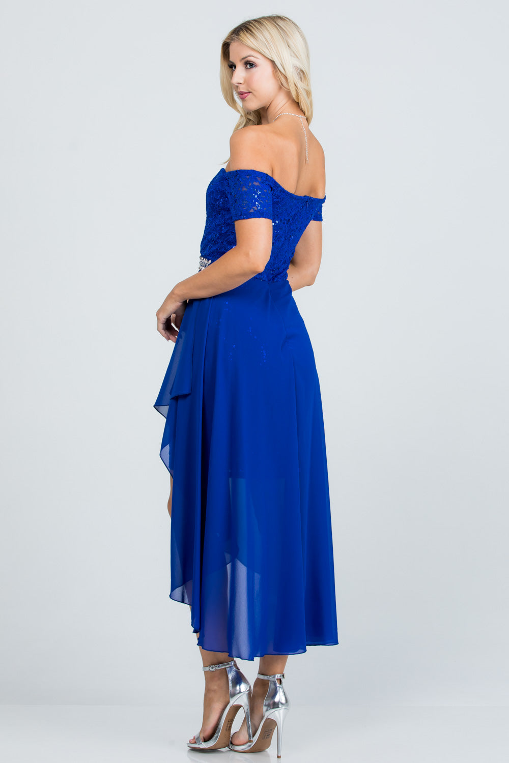 LA Scala Embellished Off-the-Shoulder High-Low Lace Chiffon Dress 25503