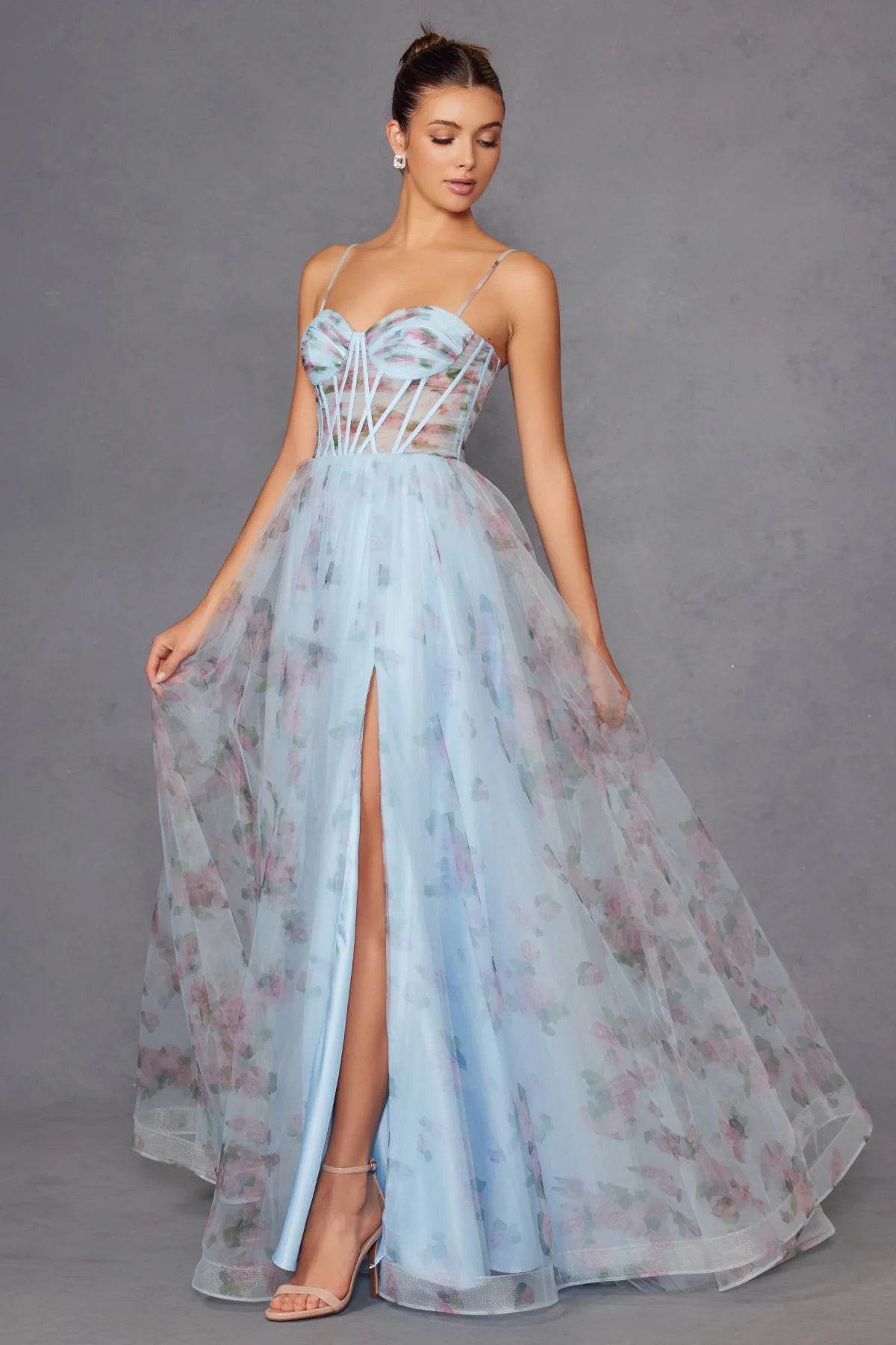 Juliet Print Sleeveless A-line Slit Gown JT2562S - Rosa Apparel