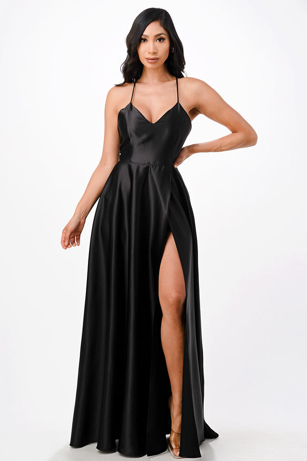 LA Scala Open Side & Back Stretch Satin Evening Gown with Zig Zag Tie 25895