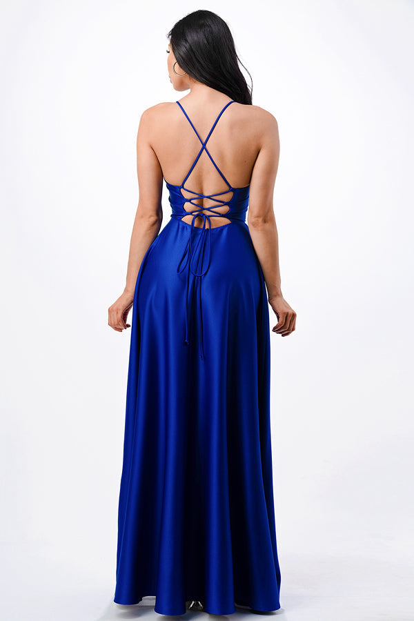 LA Scala Open Side & Back Stretch Satin Evening Gown with Zig Zag Tie 25895